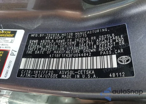 2015 Toyota Camry Se z USA, uszkodzony, nr VIN 4T1BF1FK9FU044842